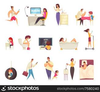 Gadget addiction set of people using smartphones to communicate read online news play games indoor and outdoor isolated vector illustration