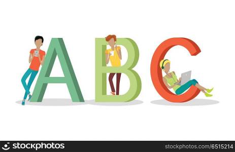 Gadget Alphabet. Letter - A B C. Gadget alphabet. Letter - A B C. People with gadgets near letters. Modern youth with electronic gadgets. Social media network connection. Simple colored letter and people with electronic devices