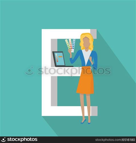 Gadget Alphabet. Letter - E. Gadget alphabet. Letter - E. Woman with laptop standing near letter. Modern youth with electronic gadgets. Social media network connection. Simple colored letter and people with electronic devices