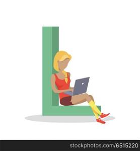 Gadget Alphabet. Letter - L. Gadget alphabet. Letter - L. Woman with laptop sitting on letter. Modern youth with electronic gadgets. Social media network connection. Simple colored letter and people with electronic devices