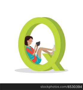 Gadget Alphabet. Letter - Q. Gadget alphabet. Letter - Q. Woman with tablet sitting in letter. Modern youth with electronic gadgets. Social media network connection. Simple colored letter and people with electronic devices