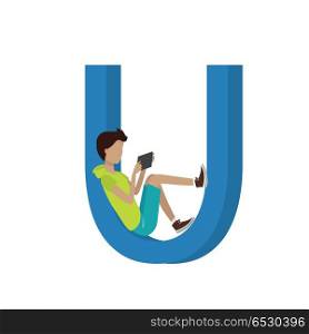 Gadget Alphabet. Letter - U. Gadget alphabet. Letter - U. Boy with tablet sitting in letter. Modern youth with electronic gadgets. Social media network connection. Simple colored letter and people with electronic devices