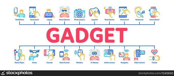 Gadget And Device Minimal Infographic Web Banner Vector. Smartphone And Tablet, Photo And Video Camera, Drone And Play Joystick Gadget Illustrations. Gadget And Device Minimal Infographic Banner Vector