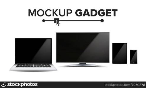 Gadget And Device Mockup Vector. Trendy Electronic Gadgets. Isolated Illustration. Realistic mockup gadget Vector. Computer Monitors, Modern Laptop, Touch Tablet, Mobile Smart Phone. Isolated Illustration