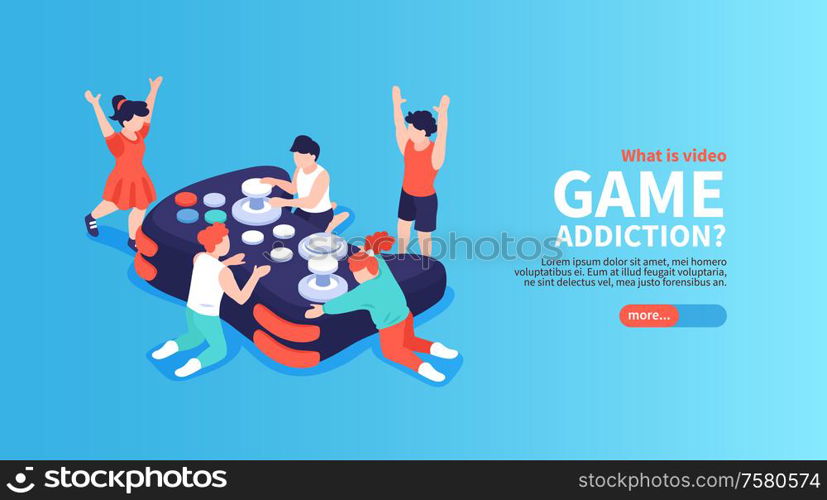 Gadget and video games addiction isometric poster with children and teens vector illustration