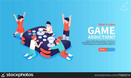 Gadget and video games addiction isometric poster with children and teens vector illustration