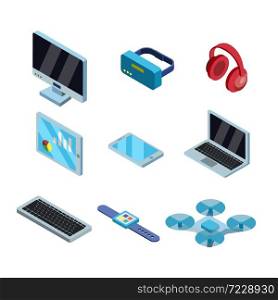 Gadget Electronic Technology Isometric Set Vector. Computer Screen And Vr Glasses, Earphones And Tablet, Smartphone Mobile Phone And Laptop, Keyboard, Smart Watch And Drone Gadget. Illustrations. Gadget Electronic Technology Collection Set Vector
