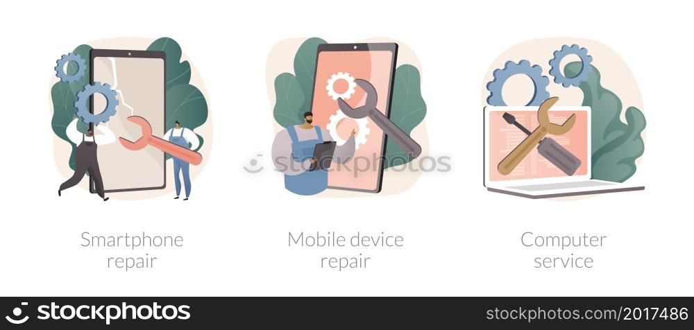 Gadget fixing abstract concept vector illustration set. Smartphone and electronic device repair, computer service, broken gadget, data recovery, screen replacement, diagnostics abstract metaphor.. Gadget fixing abstract concept vector illustrations.