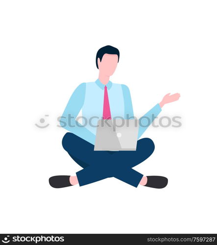 Gadget in hands of developer vector, male working on business program, programming male with technologies, businessman isolated worker flat style. Businessman Working with Laptop, User with Gadget