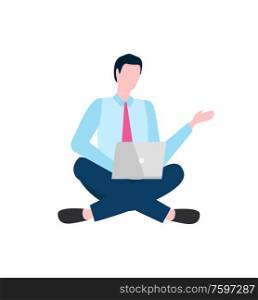 Gadget in hands of developer vector, male working on business program, programming male with technologies, businessman isolated worker flat style. Businessman Working with Laptop, User with Gadget