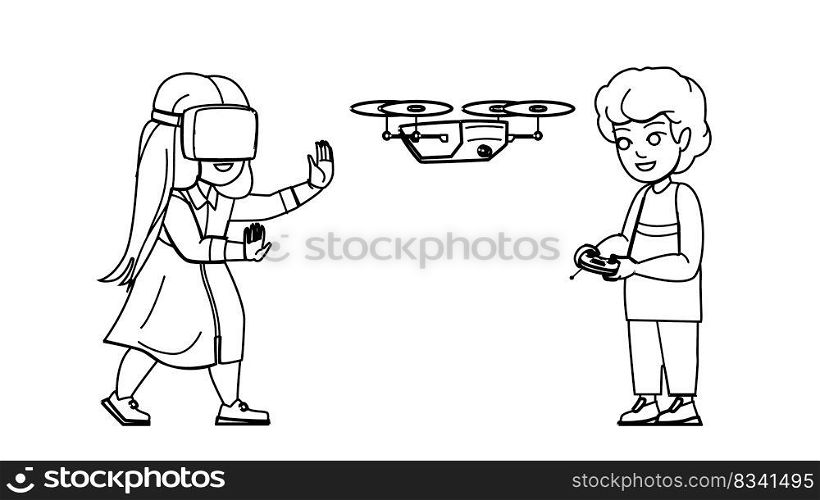 gadget kid line pencil drawing vector. happy technology, child internet, girl game, online using, home childhood gadget kid character. people Illustration. gadget kid vector