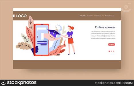 Gadget or smartphone, online education landing web page template, academic hat vector. Female student, degree receiving at home, knowledge and kills training. Internet school service, portable device. Online education landing web page template, gadget or smartphone
