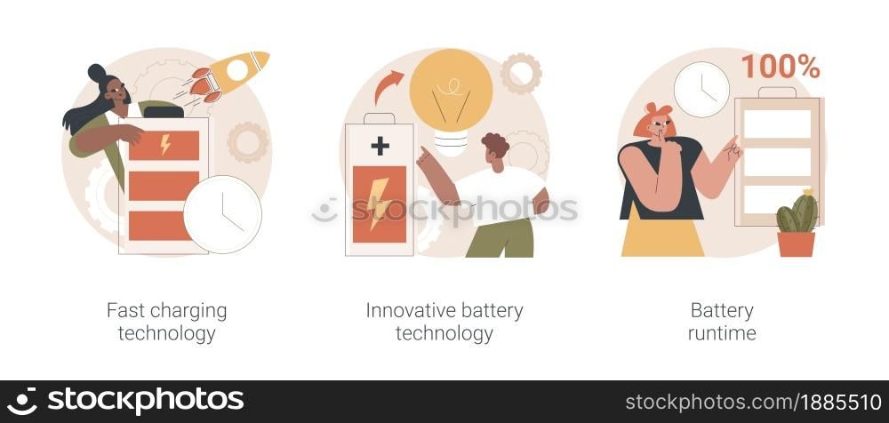 Gadget power management abstract concept vector illustration set. Fast charging technology, innovative battery runtime, usb recharge, high energy capacity, long life, durability abstract metaphor.. Gadget power management abstract concept vector illustrations.