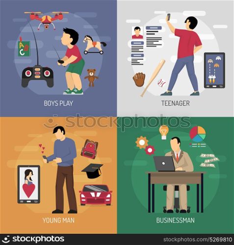 Gadget Use Cases Design Concept. Men evolution digital gadget design concept with flat compositions of male characters using gadgets at various age vector illustration