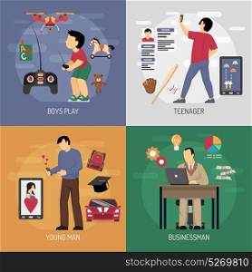 Gadget Use Cases Design Concept. Men evolution digital gadget design concept with flat compositions of male characters using gadgets at various age vector illustration