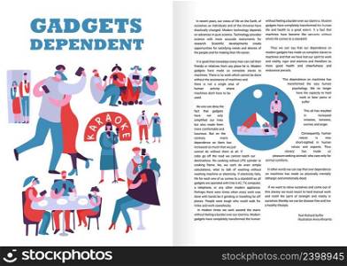 Gadgets dependent infographics layout with people constantly using electronic devices in public places and outdoors vector illustration . Gadgets Dependent Infographics Layout