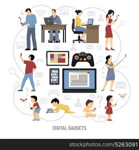 Gadgets For Everydays Composition. People evolution digital gadget composition of flat children and adult human characters with silhouette pictograms vector illustration