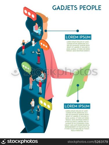 Gadgets Human Communication Concept. Gadgets human infographics with conceptual composition of male with tablet figure sectional view populated by chatting people vector illustration