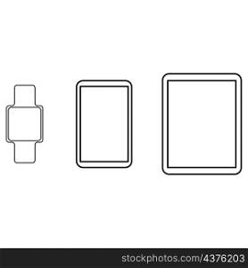 Gadgets icon. Outline elements. Smartphone symbol. Smart watch. Tablet device sign. Vector illustration. Stock image. EPS 10.. Gadgets icon. Outline elements. Smartphone symbol. Smart watch. Tablet device sign. Vector illustration. Stock image.