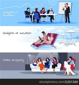 Gadgets In Business Vacation Shopping Banners . Gadgets in business office during vacation and for shopping online 3 flat banners set isolated vector illustration