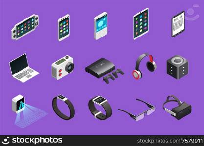 Gadgets isometric icon set with notebook smartphone smart watch playstation camera tablet and other technics vector illustration