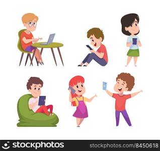 Gadgets kids. Adorable happy children using laptop smartphones tablets touch on digital phone screen holding electronic technics vector future technology concept. Illustration of happy kid with gadget. Gadgets kids. Adorable happy children using laptop smartphones tablets touch on digital phone screen holding electronic technics exact vector future technology concept