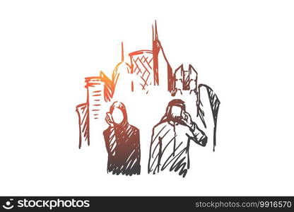 Gadgets, megapolis, businessman, muslim concept. Hand drawn muslim people talking by mobile phone concept sketch. Isolated vector illustration.. Gadgets, megapolis, businessman, muslim concept. Hand drawn isolated vector.