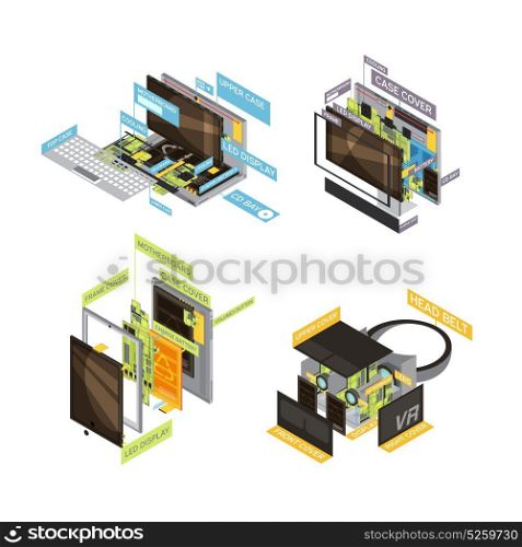 Gadgets Scheme Composition Set. Four square colored gadgets scheme composition set with types and parts of computers and tablets vector illustration
