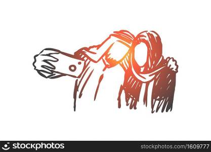 Gadgets, selfie, arab, couple, friends concept. Hand drawn muslim man and woman doing selfie concept sketch. Isolated vector illustration.. Gadgets, selfie, arab, couple, friends concept. Hand drawn isolated vector.
