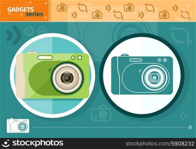 Gadgets series with two digital cameras in circle frames color and colorless variant on green with devices silhouettes background