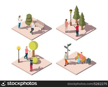 Gadgets Urban Park Composition. Gadgets people isometric composition with urban park visitors reading texting listening to music on the go vector illustration