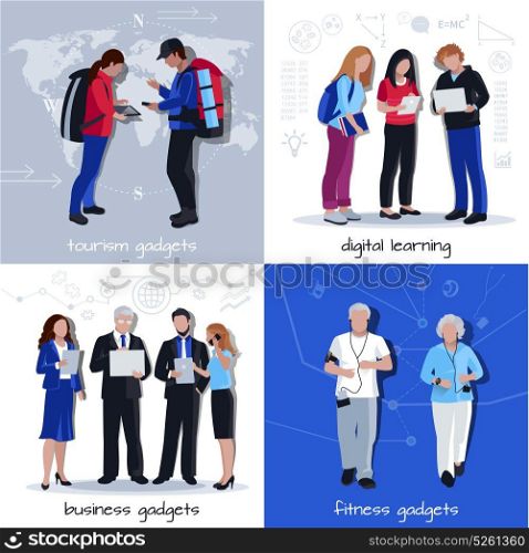 Gadgets Use 4 Flat Icons Square . People traveling learning exercising and communicating with business colleagues with gadgets 4 flat icons isolated vector illustration