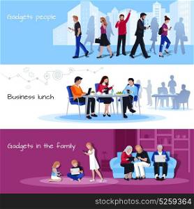 Gadgets Using People Flat Banners Set . Gadgets in office during business lunch and home 3 flat horizontal banners poster isolated vector illustration