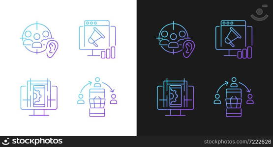 Gaining digital proficiency gradient icons set for dark and light mode. Active listening. Thin line contour symbols bundle. Isolated vector outline illustrations collection on black and white. Gaining digital proficiency gradient icons set for dark and light mode