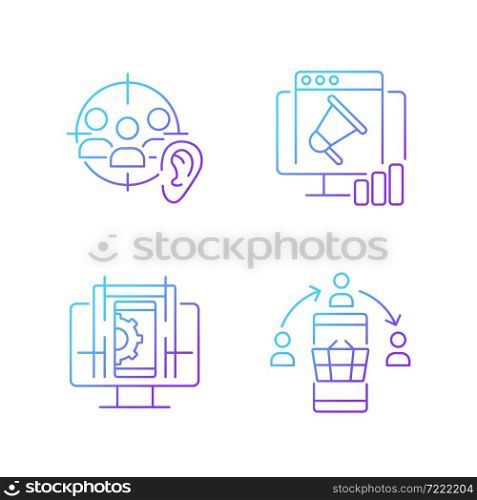 Gaining digital proficiency gradient linear vector icons set. Active listening. Researching info online. UX design. Thin line contour symbols bundle. Isolated outline illustrations collection. Gaining digital proficiency gradient linear vector icons set