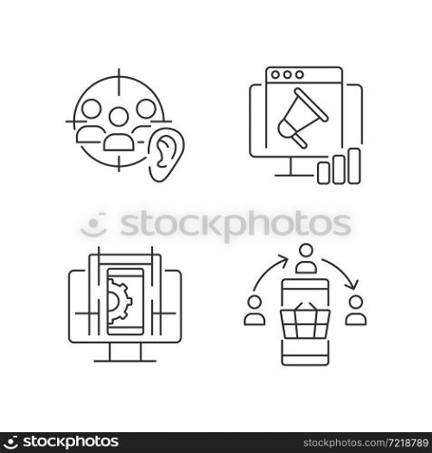 Gaining digital proficiency linear icons set. Active listening. Researching info online. UX design. Customizable thin line contour symbols. Isolated vector outline illustrations. Editable stroke. Gaining digital proficiency linear icons set