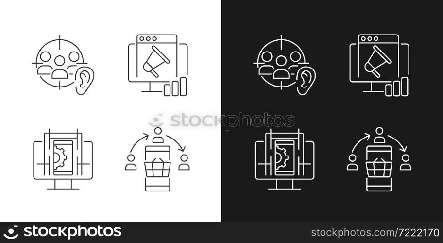 Gaining digital proficiency linear icons set for dark and light mode. Active listening. Researching info online. Customizable thin line symbols. Isolated vector outline illustrations. Editable stroke. Gaining digital proficiency linear icons set for dark and light mode