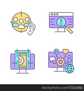 Gaining digital proficiency RGB color icons set. Active listening. Researching information online. UX design. Isolated vector illustrations. Simple filled line drawings collection. Editable stroke. Gaining digital proficiency RGB color icons set
