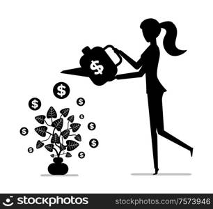 Gaining money concept, woman watering indoor plant silhouette vector. Dollar sign and indoor greenery, easy income or profit isolated female character. Black color on white background. Woman Watering Money Plant, Gaining Money Concept
