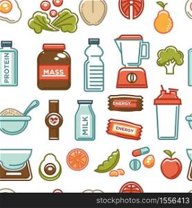 Gaining weight protein sport nutrition and diet organic products seamless pattern vector milk and fruits porridge oatmeal bar water, and scales calorie and health mass broccoli and avocado workout. Sport nutrition gaining weight products protein seamless pattern