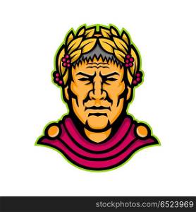 Gaius Julius Caesar Mascot. Mascot icon illustration of head of Gaius Julius Caesar, a Roman politician, military general and emperor of the Roman empire viewed from front on isolated background in retro style.. Gaius Julius Caesar Mascot
