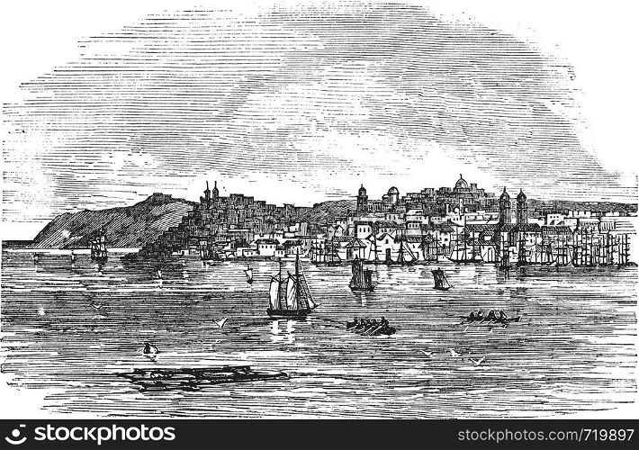 Galati in Romania, during the 1890s, vintage engraving. Old engraved illustration of Galati with moving boats in front and city in back.