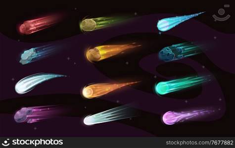 Galaxy asteroids, comets or meteorites with flaming tails. Burning asteroids, stone and ice comets with glowing, colorful trails flying in outer space. GUI, UI vector design elements. Fantasy comet, meteor or asteroid in space