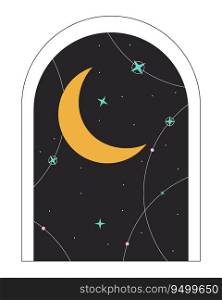 Galaxy door frame with crescent moon flat line color isolated vector object. Astrology magic. Editable clip art image on white background. Simple outline cartoon spot illustration for web design. Galaxy door frame with crescent moon flat line color isolated vector object