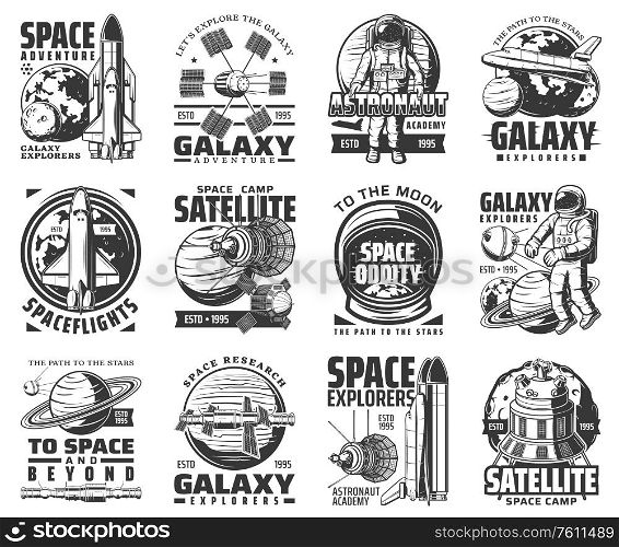 Galaxy exploration and outer space adventure vector icons. Astronaut academy and satellite space camp sign, moon and Saturn planets, spaceship and space shuttle explorer, orbital station. Outer space exploration, galaxy, astronaut icons