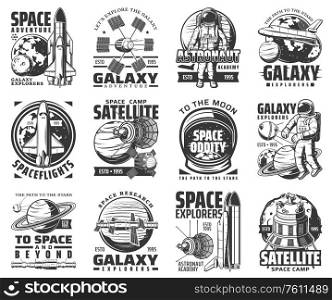 Galaxy exploration and outer space adventure vector icons. Astronaut academy and satellite space camp sign, moon and Saturn planets, spaceship and space shuttle explorer, orbital station. Outer space exploration, galaxy, astronaut icons