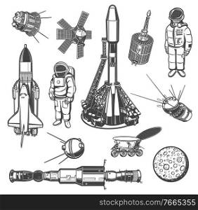 Galaxy explore monochrome vector icons. Universe expedition. Astronaut, space shuttle and satellites with rover. Moon with craters, spaceship and international station. Cosmos explore isolated labels. Galaxy space explore monochrome vector icons set
