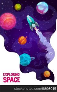 Galaxy exploring poster. Rocketship, space planets, stars and starry nebula. Space flight adventure, far planets systems research vector vertical banner with spaceship flying among galaxy nebula stars. Galaxy exploring poster with rocketship, planets