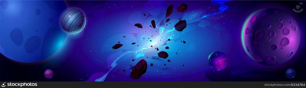 Galaxy explosion nebula space cartoon vector background. Universe crack at night sky outer cosmos illustration. Abstract futuristic fiction blue starry dark landscape with smoke and neon light shine.. Galaxy explosion nebula space vector background