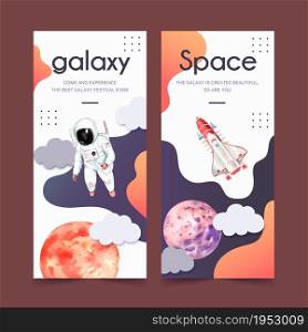 Galaxy flyer design with planet, astronaut, rocket illustration watercolor.